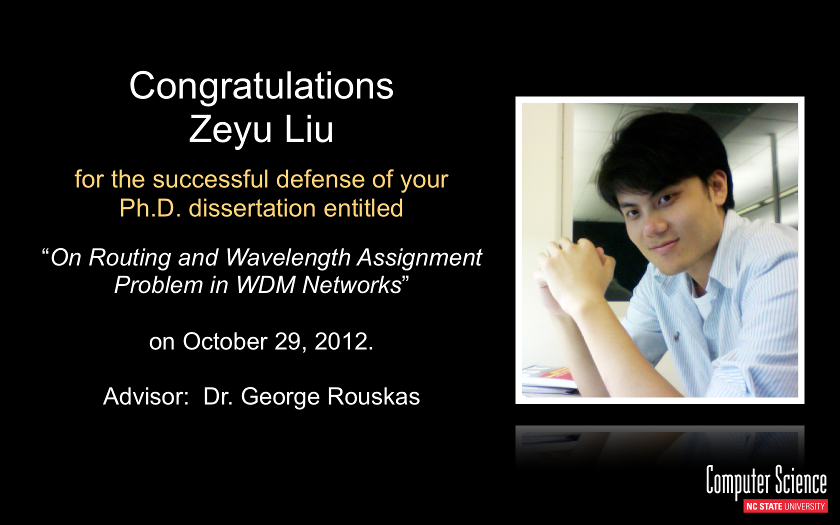 Picture of Zeyu Liu about his successful defense of PhD dissertation