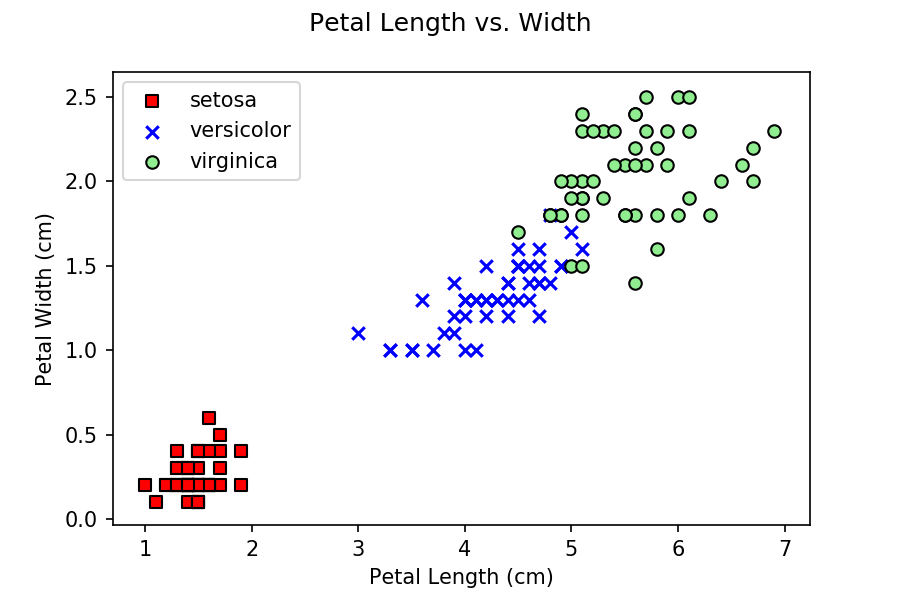 petal length versus width scatterplot