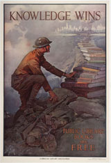 Poster stating that Knowledge Wins, Public Library books are free
